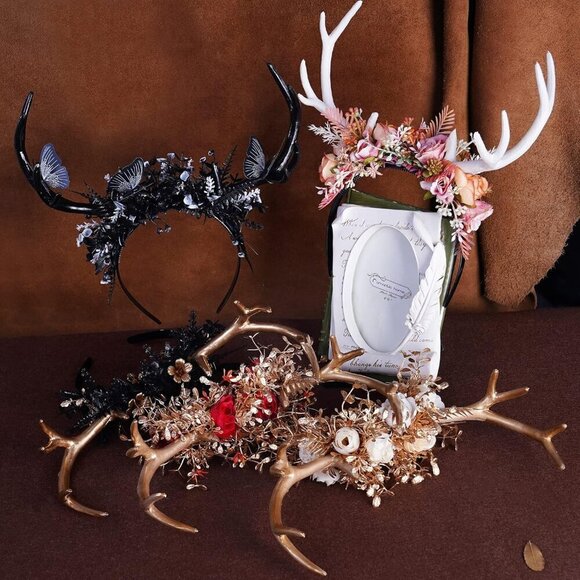 Black Deer Antlers Headband Gothic Reindeer Horns Elf Crown for Women Girls main image 7